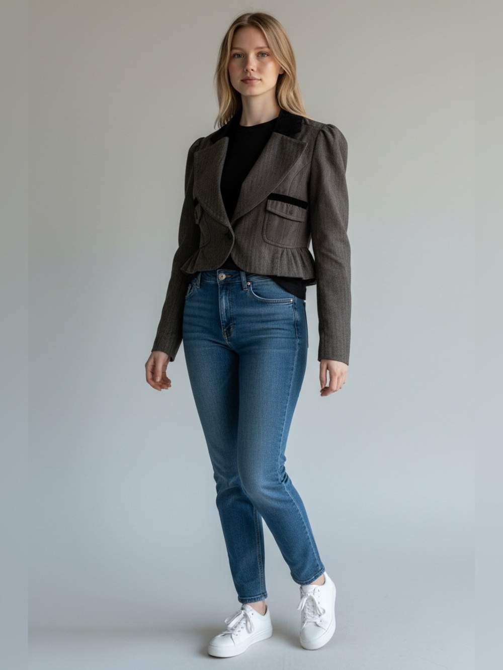 Guess Cropped Blazer Jacket with Black Corduroy Collar